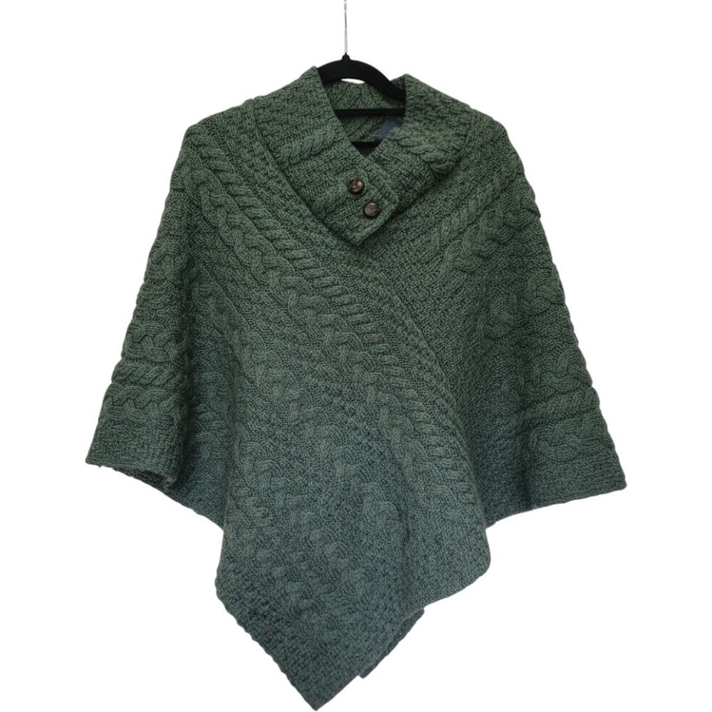 Aran Woollen Mills Ireland Poncho Cape Green 100% Merino Wool Cable Knit Wom O/S